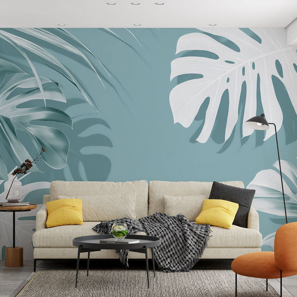 Teal Tropical Leaf Wallpaper | Green & White Mural