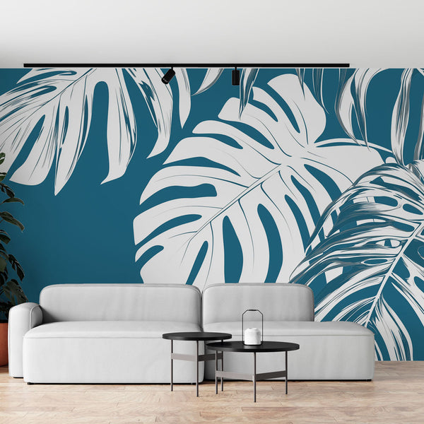 Teal Blue Wallpaper | Crisp White Tropical Leaves Mural