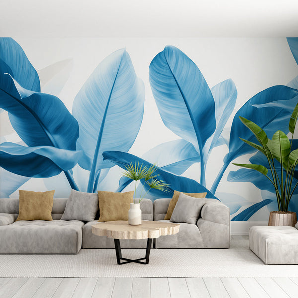 Teal Wallpaper | Tropical Leaves White Background Mural