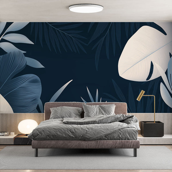 Teal Wallpaper | Tropical Leaves Dark Background Mural