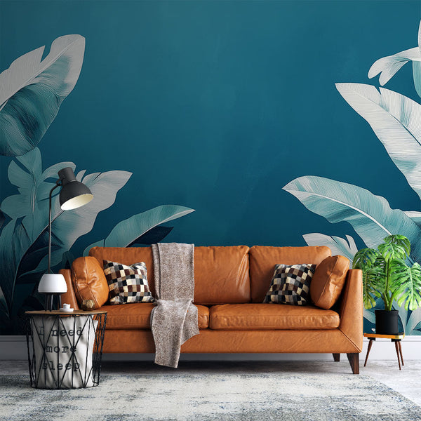 Teal Tropical Leaf Wallpaper | Tonal Blue Wall Mural
