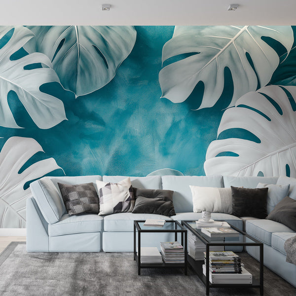 Teal Wallpaper | Stylised Tropical Leaves Blue