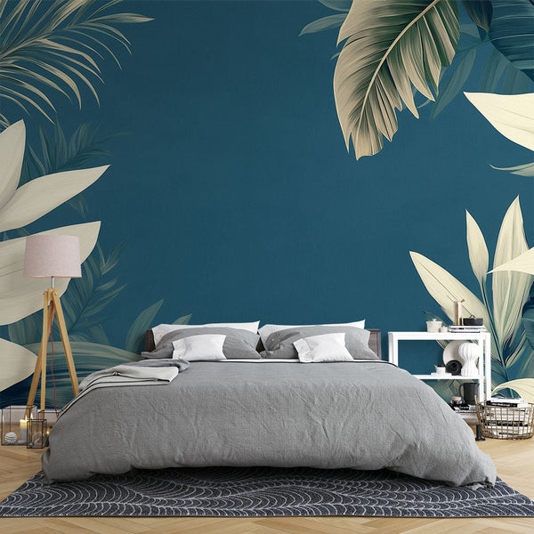 Teal Wallpaper | Stylised Tropical Leaves Rich Mural