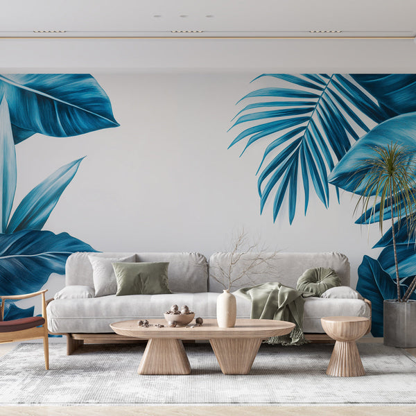 Teal Wallpaper | Stylised Tropical Leaves Mural