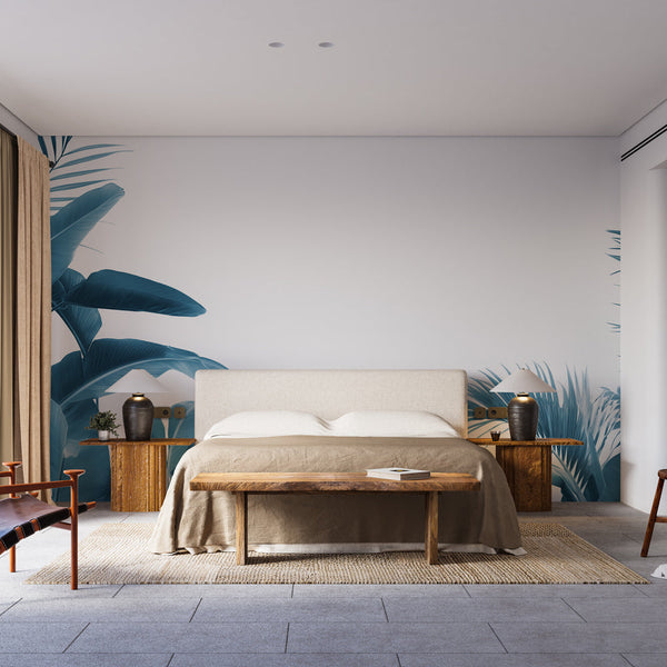Teal Wallpaper | Tropical Leaves White Mural