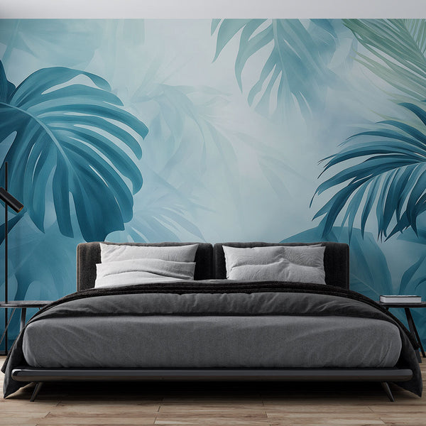 Teal Wallpaper | Subtle Tropical Leaves Mural