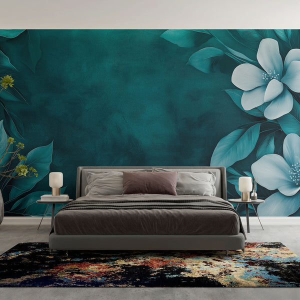 Teal Wallpaper | White Flowers & Elegant Foliage Wall Mural