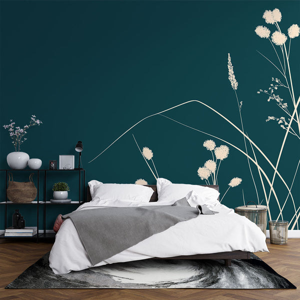 Teal Wallpaper | Delicate Flowers Soothing Mural