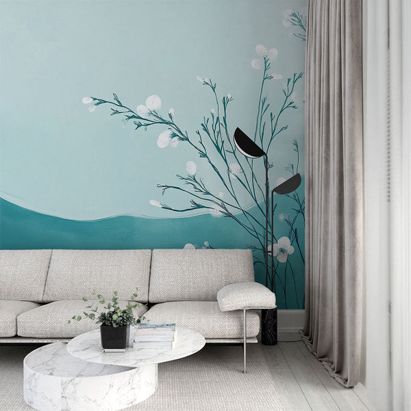Teal Wallpaper | Delicate Flowers Aquatic Mural