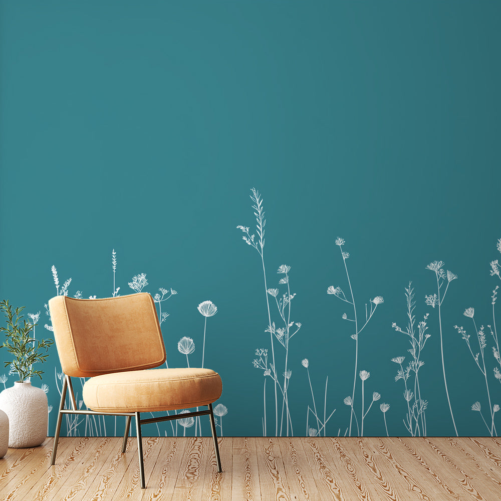 Teal Wallpaper | Minimalist White Flowers Mural