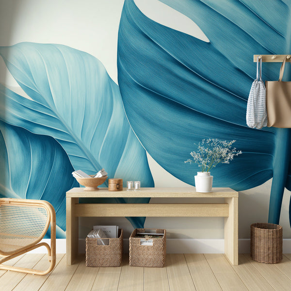 Teal Wallpaper | Oversized Tropical Leaves Mural