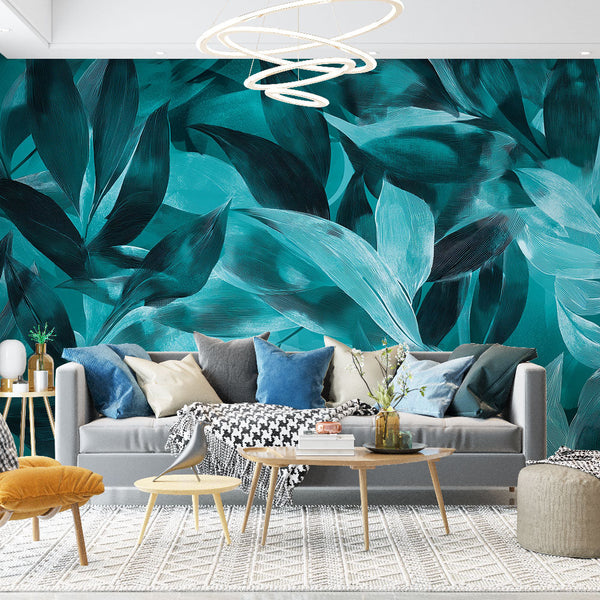 Teal Wallpaper | Fluid Artistic Leaf Wall Mural