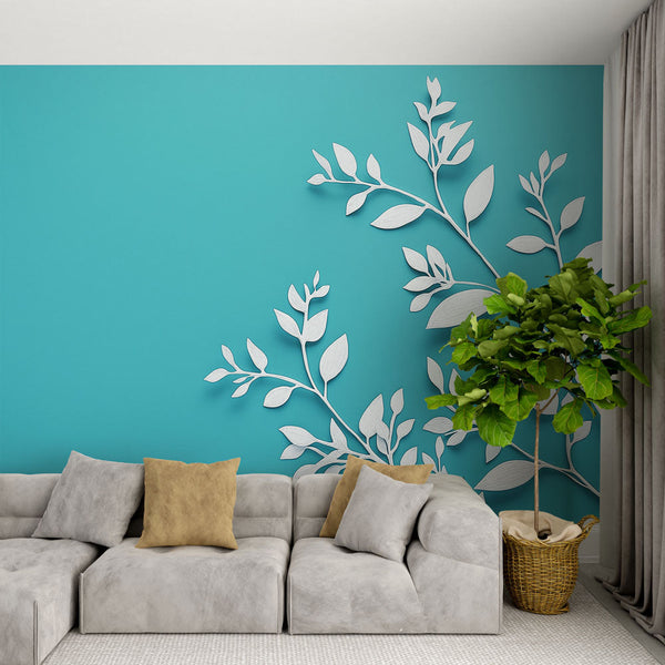 Teal Delicate White Leaf Wallpaper | Elegant Wall Mural