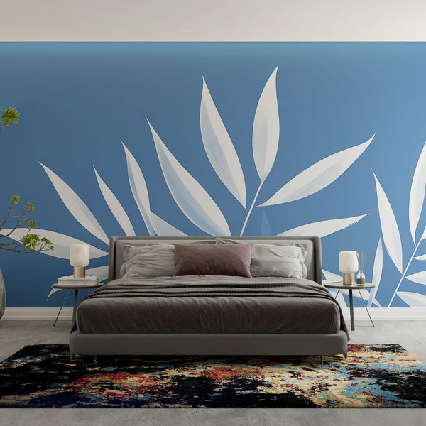 Teal Wallpaper | Elegant White Leaves Pattern Mural