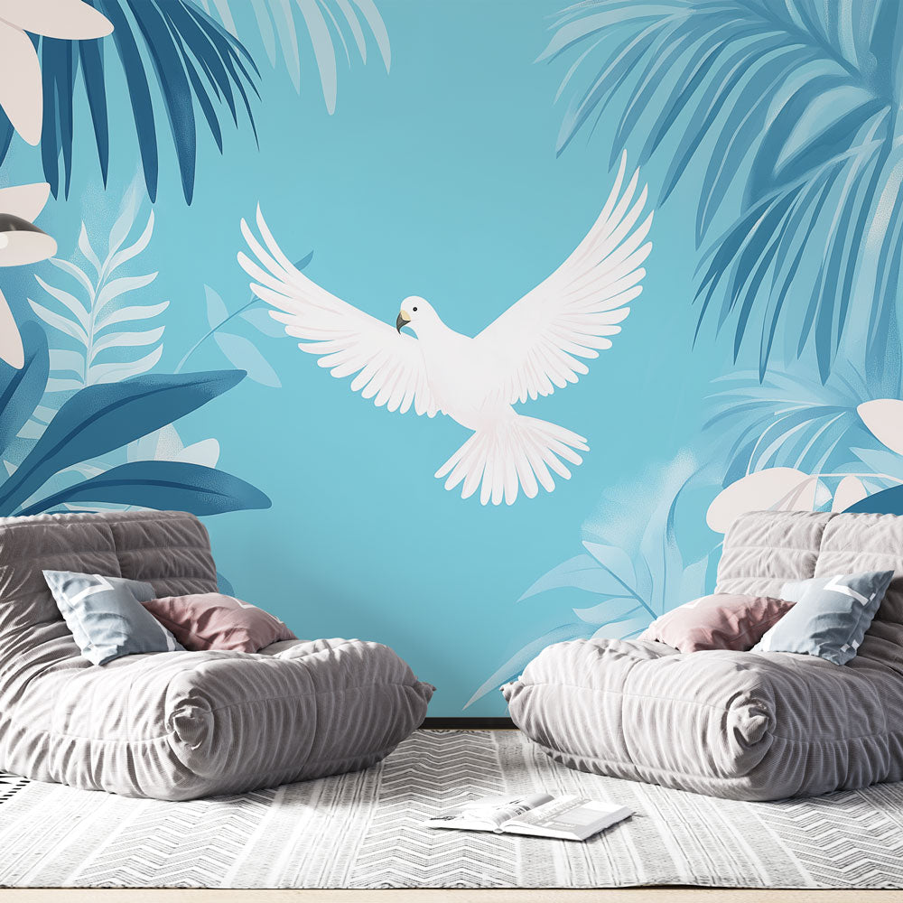 Teal Palms & Birds Wallpaper | Tropical Wall Mural