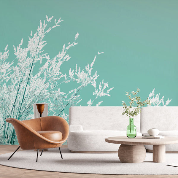 Teal Wallpaper | Delicate Plants on Soothing Mural