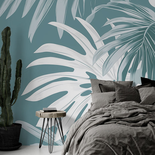 Teal Elegant Tropical Wallpaper | White Leaf Wall Mural