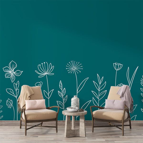 Teal Wallpaper | Minimalist White Outline Florals