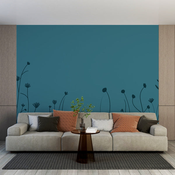 Teal Wallpaper | Black Silhouette Floral Mural