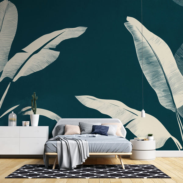 Teal Exotic Line Leaf Wallpaper | Contemporary Mural