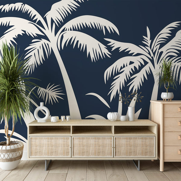 Teal White Palms Wallpaper | Deep Blue Tropical Mural