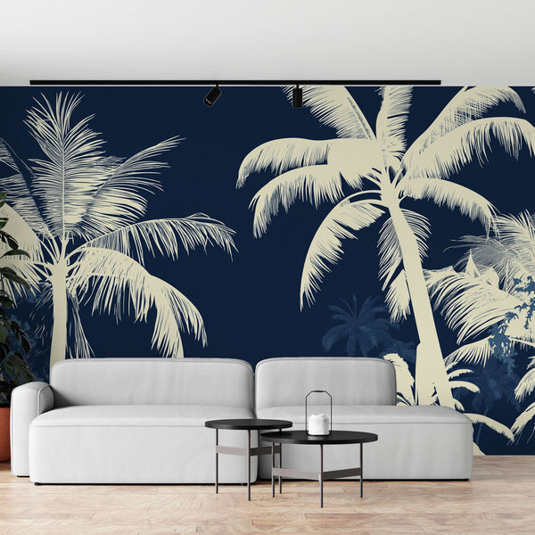 Teal Palm Silhouette Wallpaper | Dramatic Wall Mural
