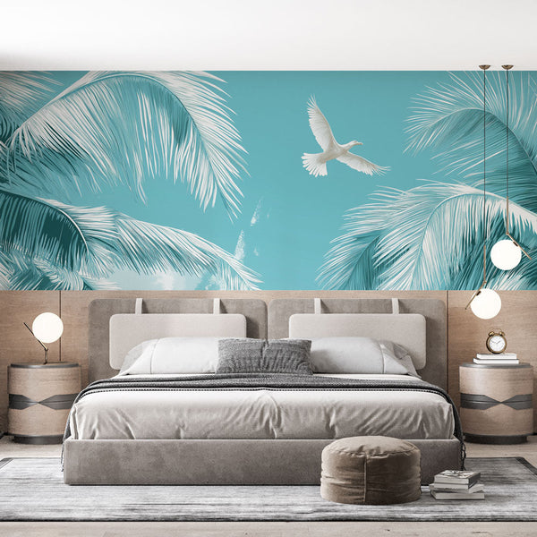 Teal Palm Sky Wallpaper | Mediterranean Wall Mural