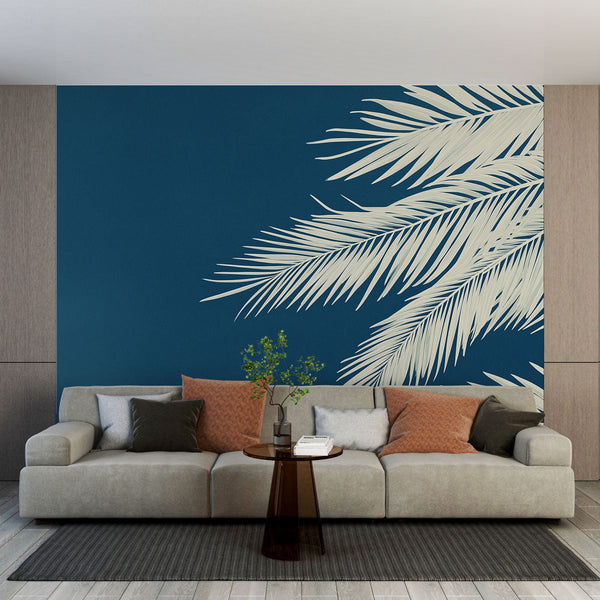 Teal Stylised Palm Wallpaper | Deep Blue Wall Mural