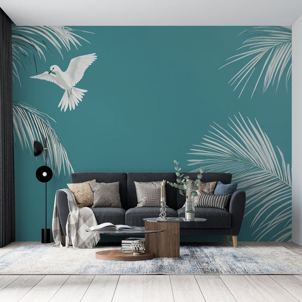 Teal Plant & Bird Wallpaper | Aqua Tropical Wall Mural
