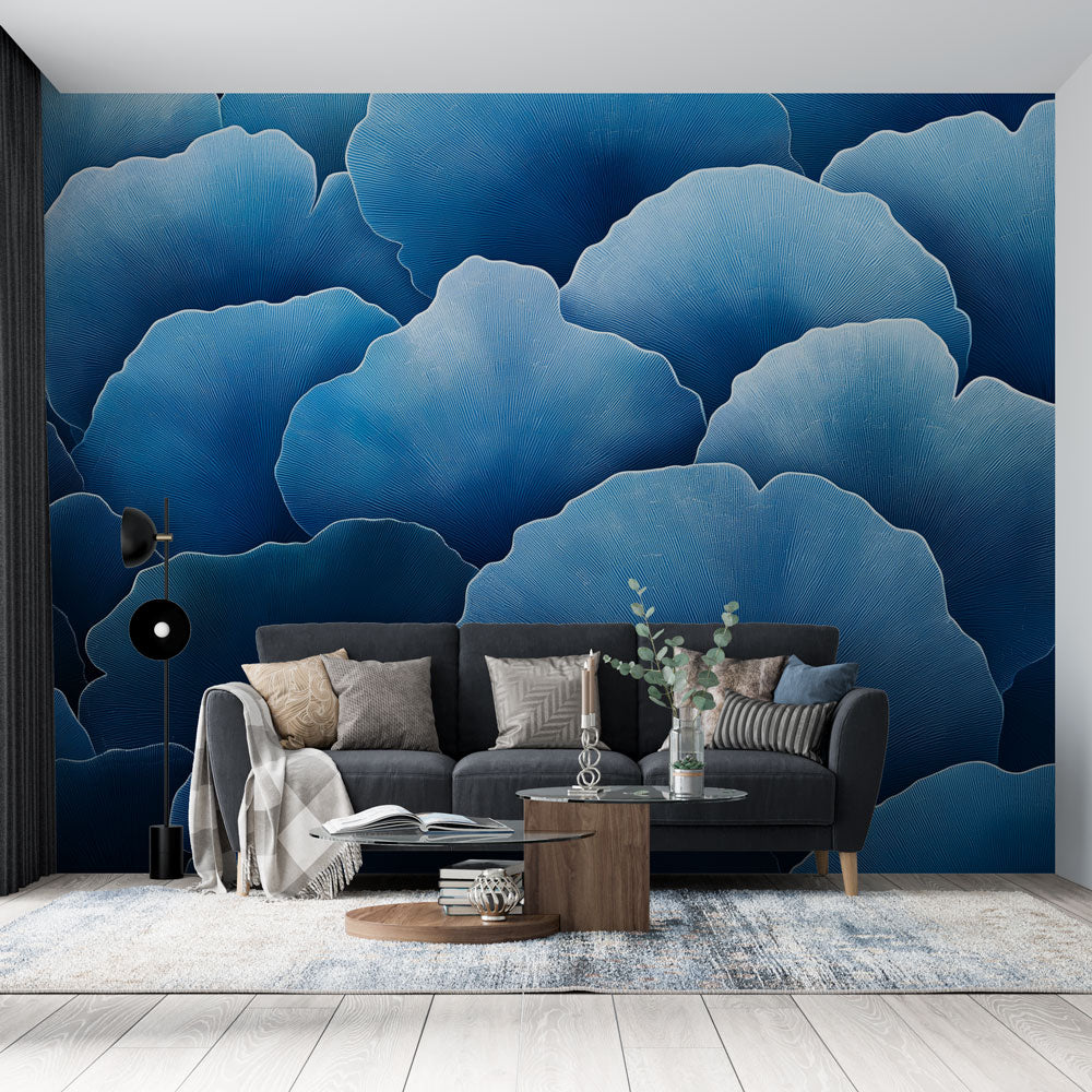 Navy Blue Wallpaper | Stylised Foliage Wall Mural in Cool Blue Shades