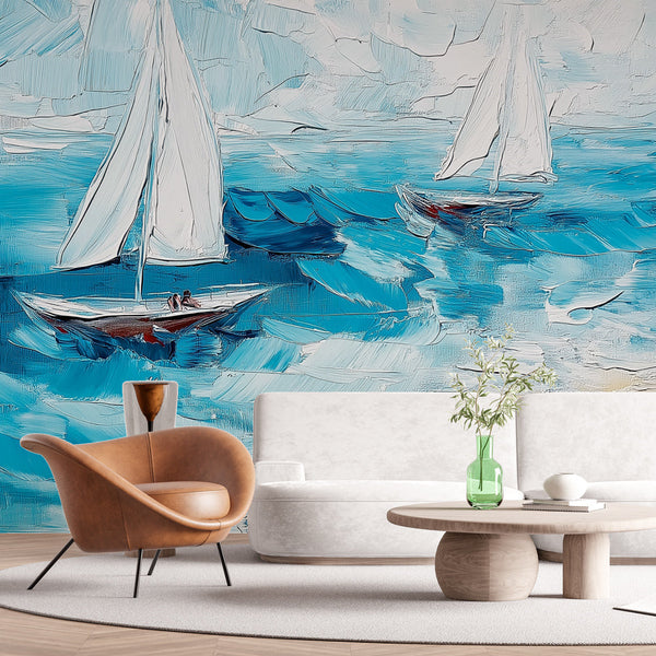 Seaside Wallpaper | Sailboats & Walkers Wall Mural