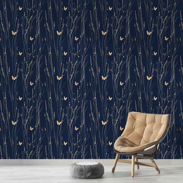 Midnight Botanical Wallpaper | Flowers and Butterflies on Blue