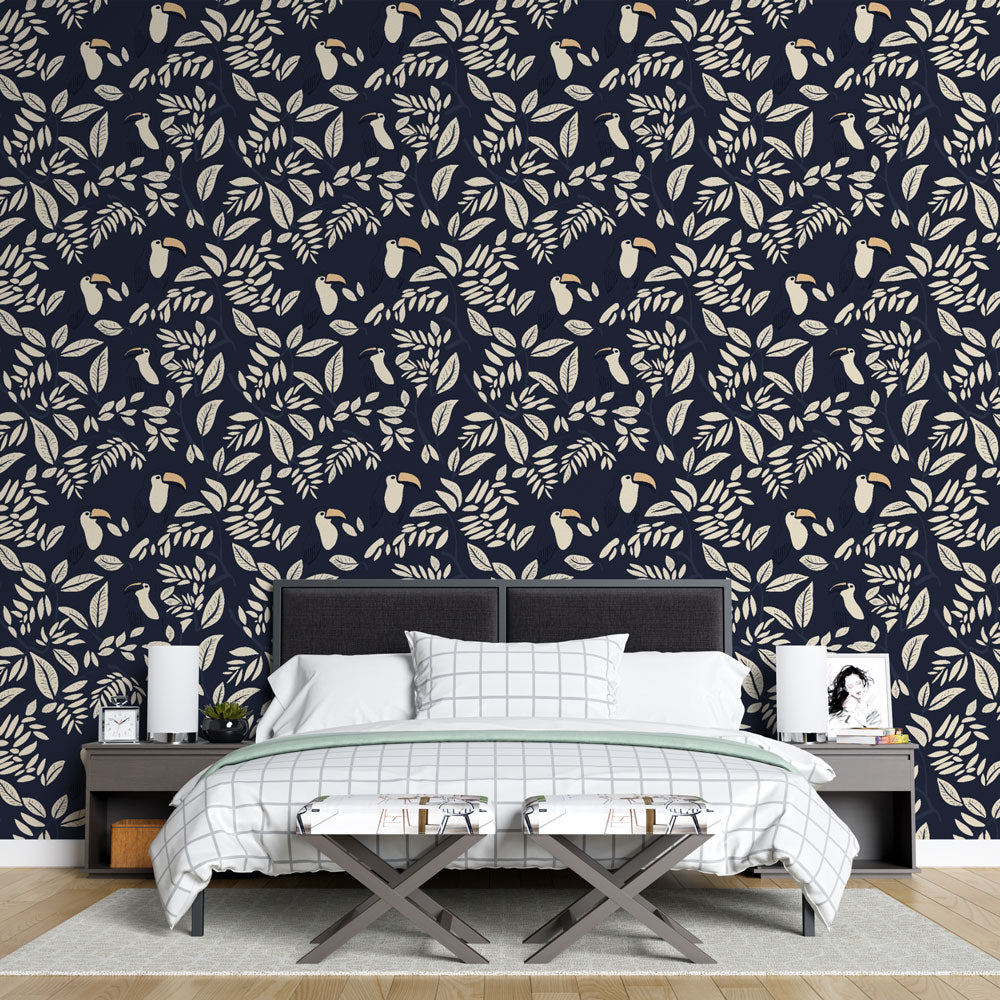 Botanical Wallpaper | Leaves and Toucans on Midnight Blue