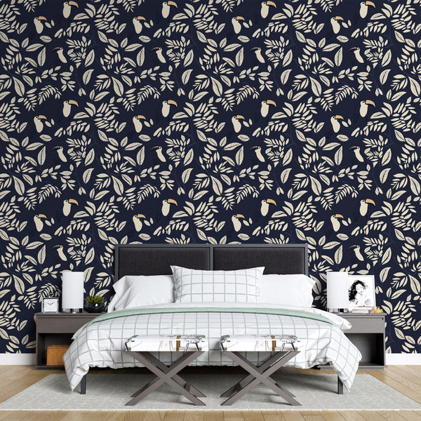 Botanical Wallpaper | Leaves and Toucans on Midnight Blue
