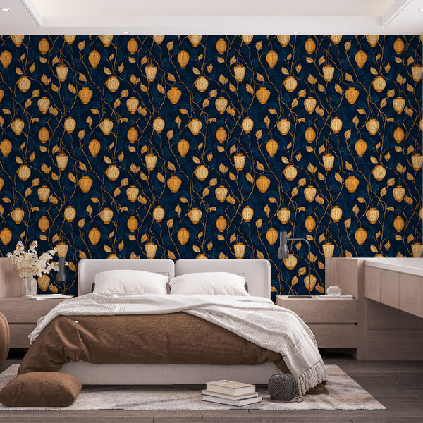 Botanical Wallpaper | Gold Lanterns on Navy Blue Wall Mural
