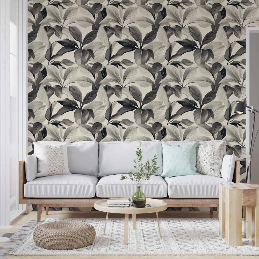 Botanical Mono Wallpaper | Gray Foliage Wall Mural Elegant