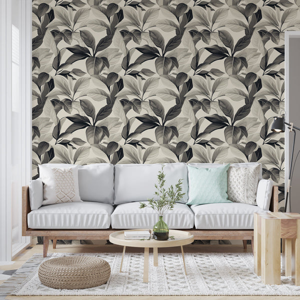 Botanical Mono Wallpaper | Gray Foliage Wall Mural Elegant