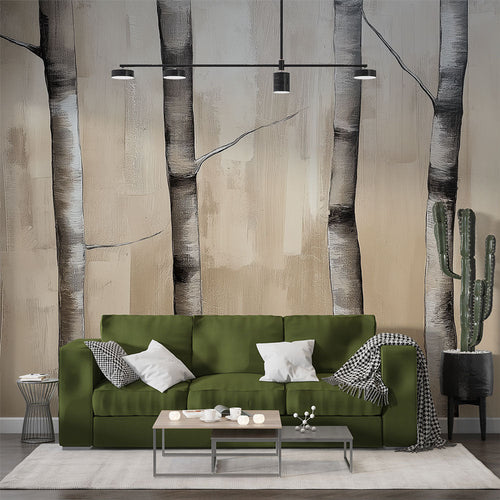 Birch trees wallpaper with elegant black and white silhouettes on beige