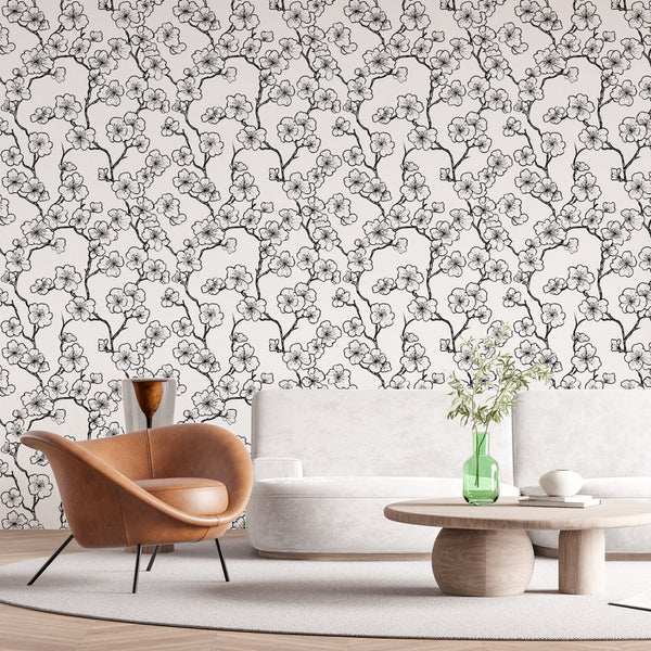 Cherry Branch Wallpaper | Black White Delicate Floral Branches