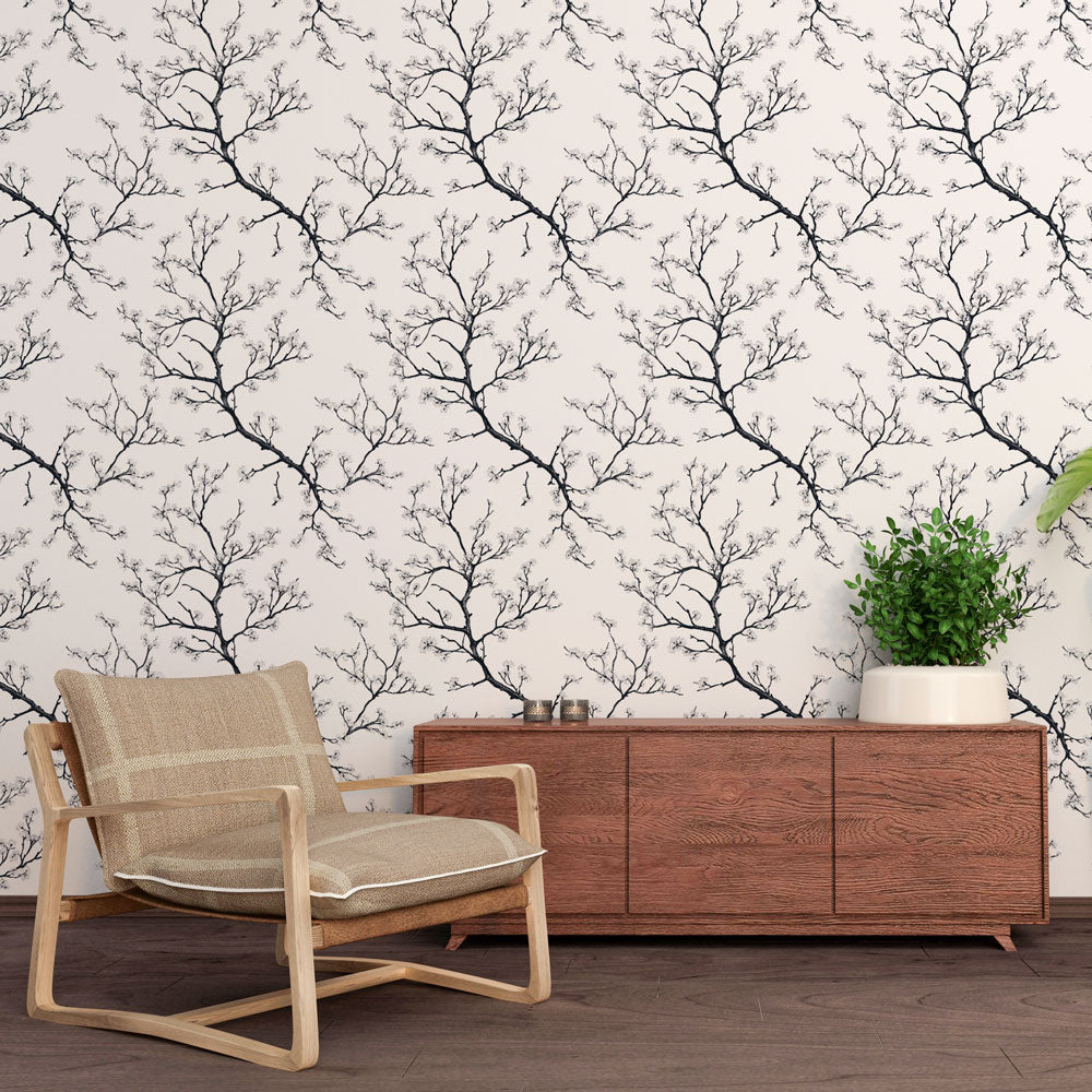 Black Tree Branches Wallpaper White Wall Mural