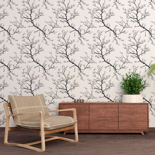 Black Tree Branches Wallpaper White Wall Mural
