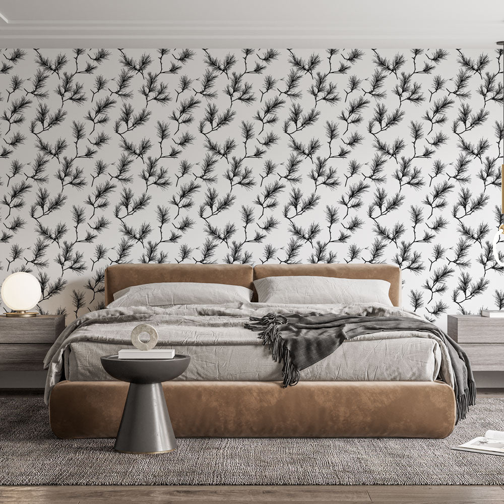 Pine Branches Wallpaper | Delicate Black Foliage Wall Mural