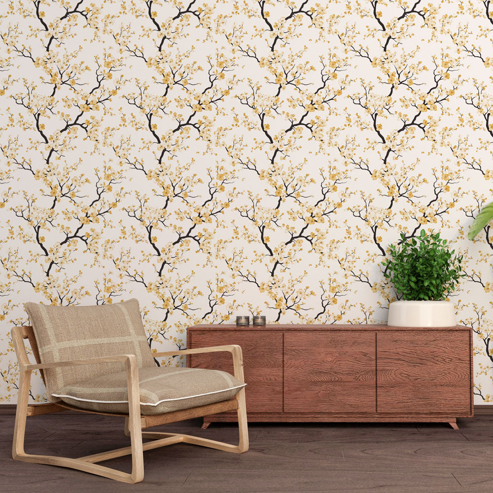 Floral Branches Wallpaper | Gold Flowers Wall Mural