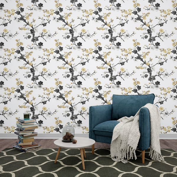 Floral Branches Wallpaper | White Black & Gold Mural