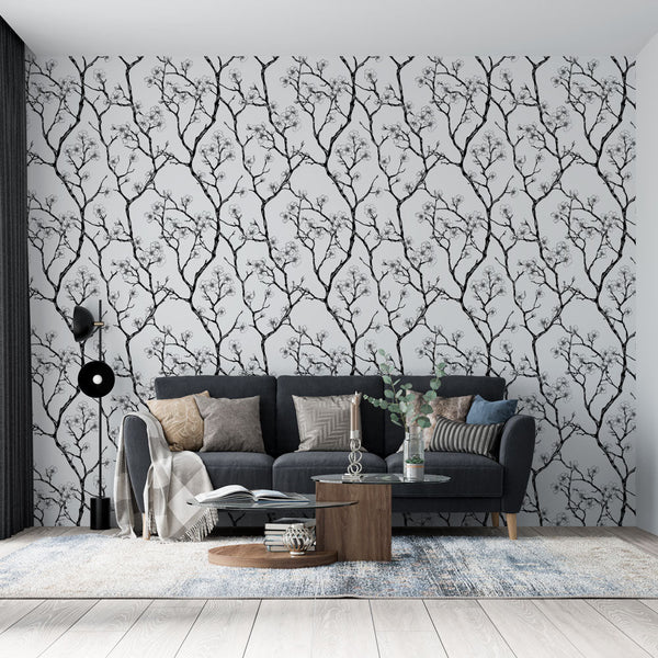 Flowering Branches Wallpaper | Black Stems, White Blooms