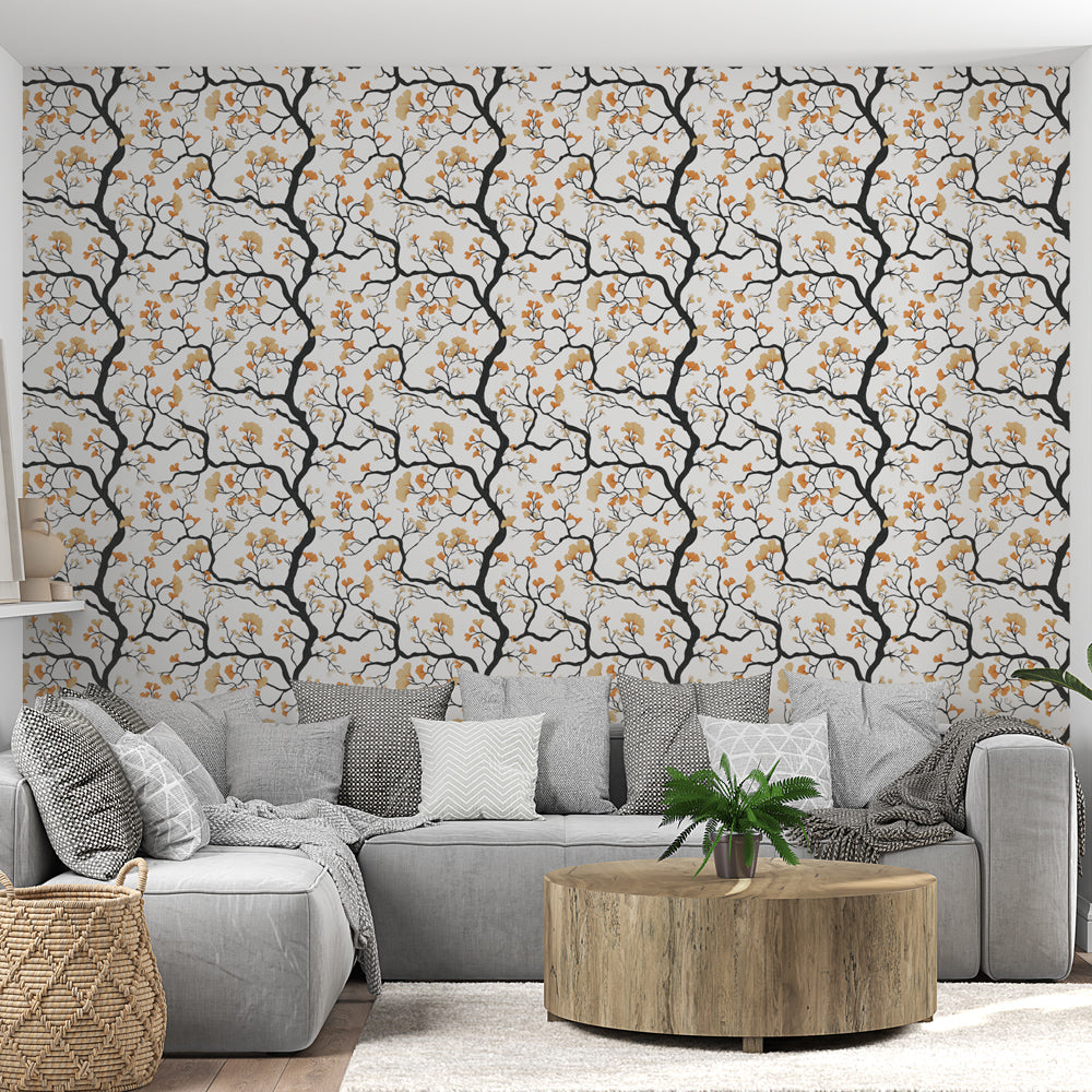 Branch wallpaper | Black branches & orange blooms mural