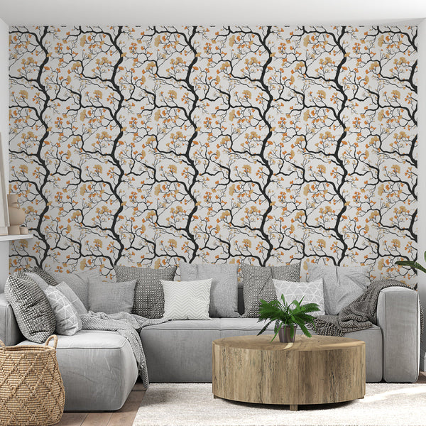 Branch wallpaper | Black branches & orange blooms mural