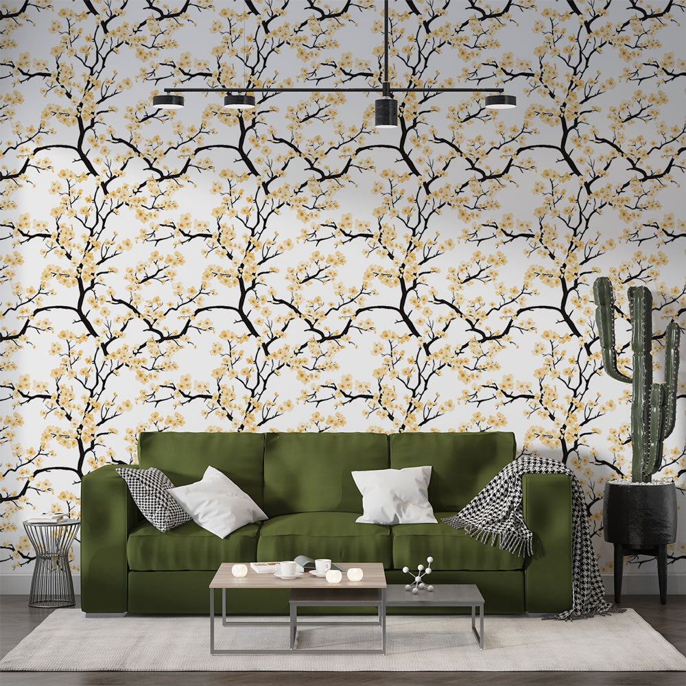 Floral Branches Wallpaper | Yellow Flowers Wall Mural