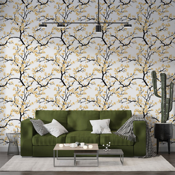Floral Branches Wallpaper | Yellow Flowers Wall Mural