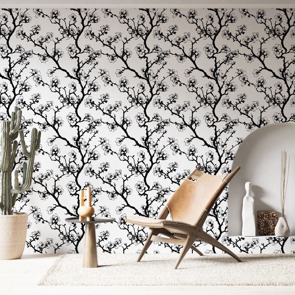 Floral Black Branches White Wallpaper Wall Mural